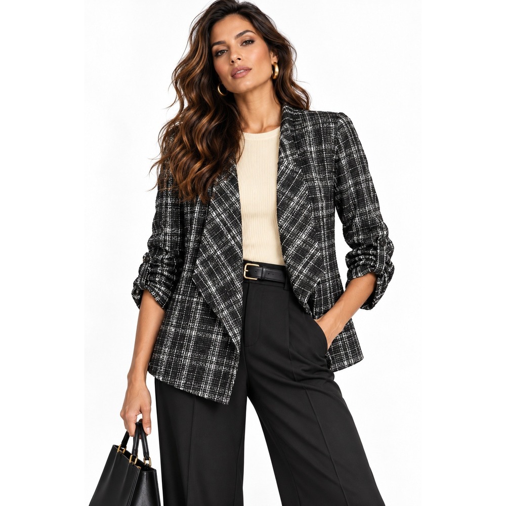 41 Hawthorn Open Collarless Sleeve Blazer Black White Plaid Large NEW